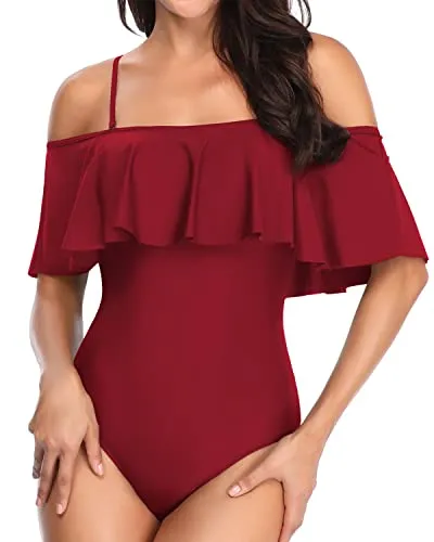 Slimming Long Torso Ruffle One Piece Swimsuits-Maroon