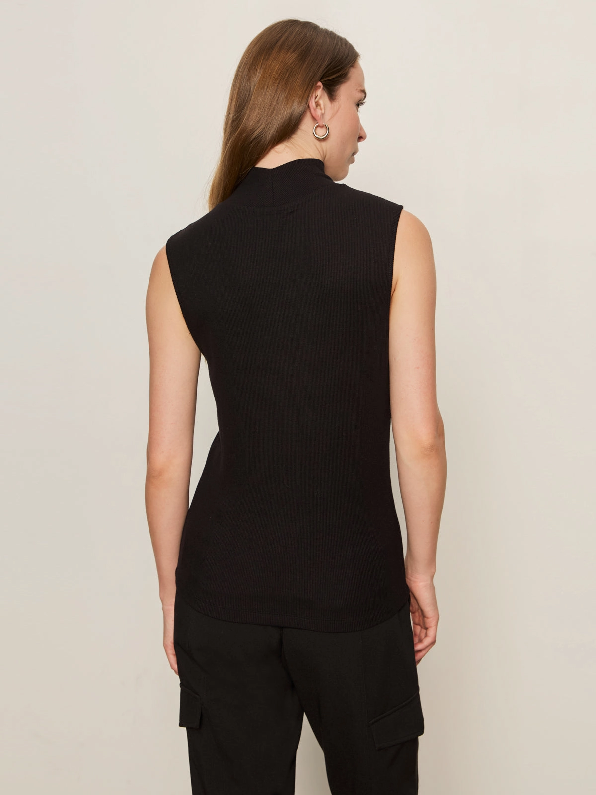 Essential Sleeveless Mock Neck Tank Black Circular Knit Technique