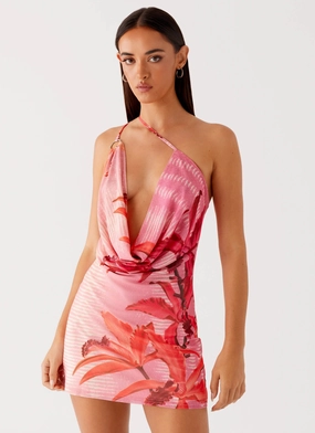 Smart Garments Bohemian Bliss Mesh Mini Dress - Tropical Pink Print Bohemian Bliss Mesh Mini Dress - Tropical Pink Print Everyday-Use