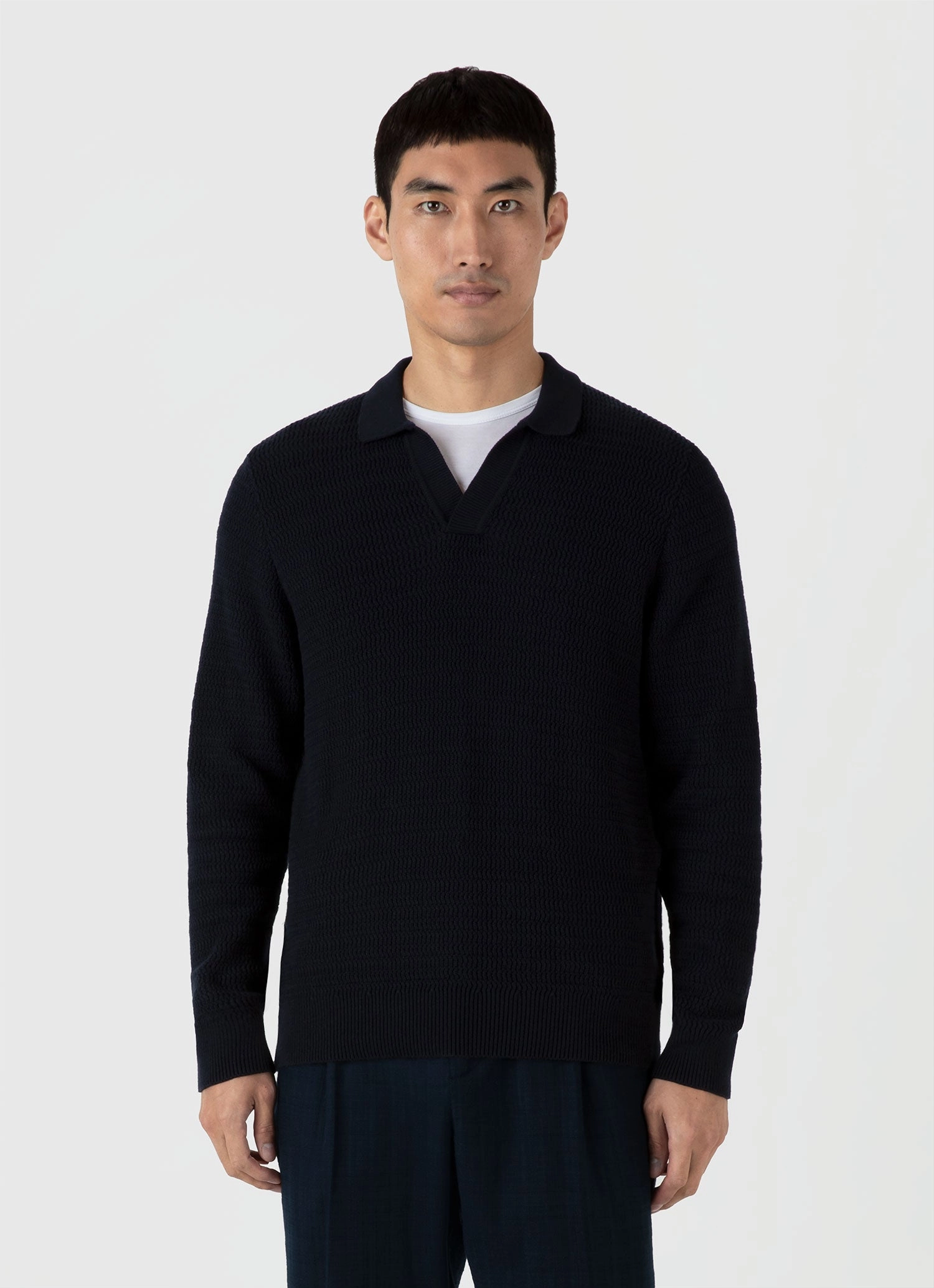 Fit For Comfort Men's Long Sleeve Textured Cotton?Polo Shirt in Navy