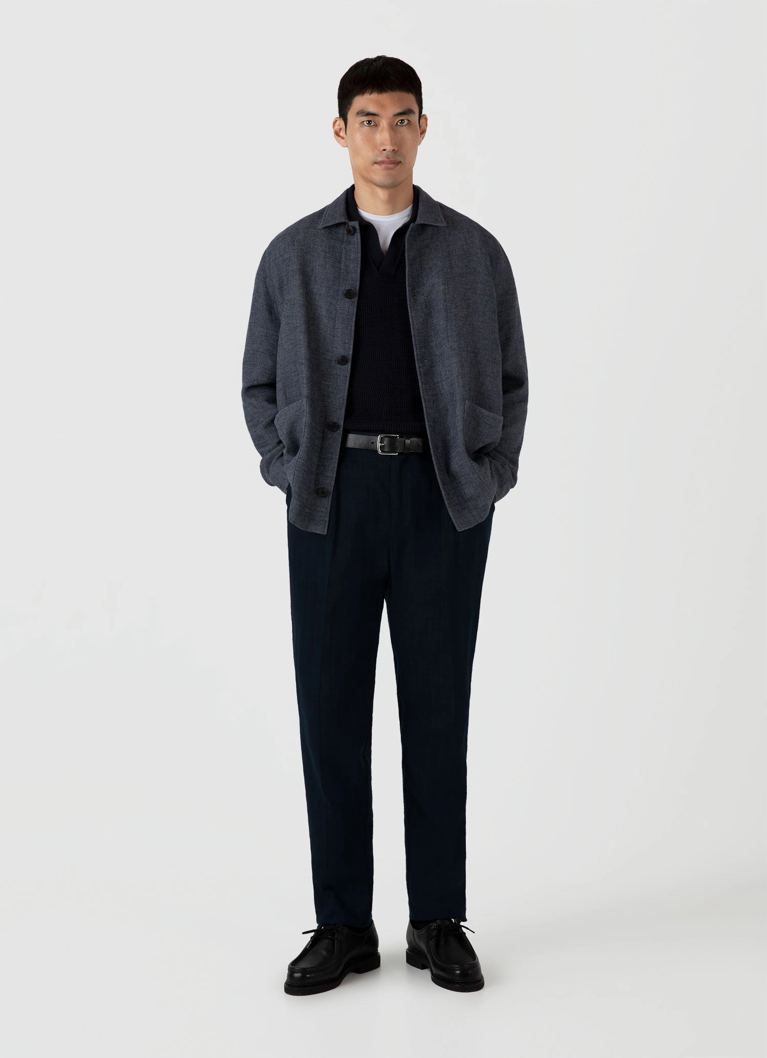 Breathable Cotton Polished Look Men's Long Sleeve Textured Cotton?Polo Shirt in Navy