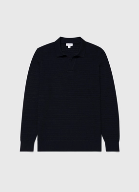 Smart Layer Men's Long Sleeve Textured Cotton?Polo Shirt in Navy Timeless Fit All-Day Wear Men's Long Sleeve Textured Cotton?Polo Shirt in Navy