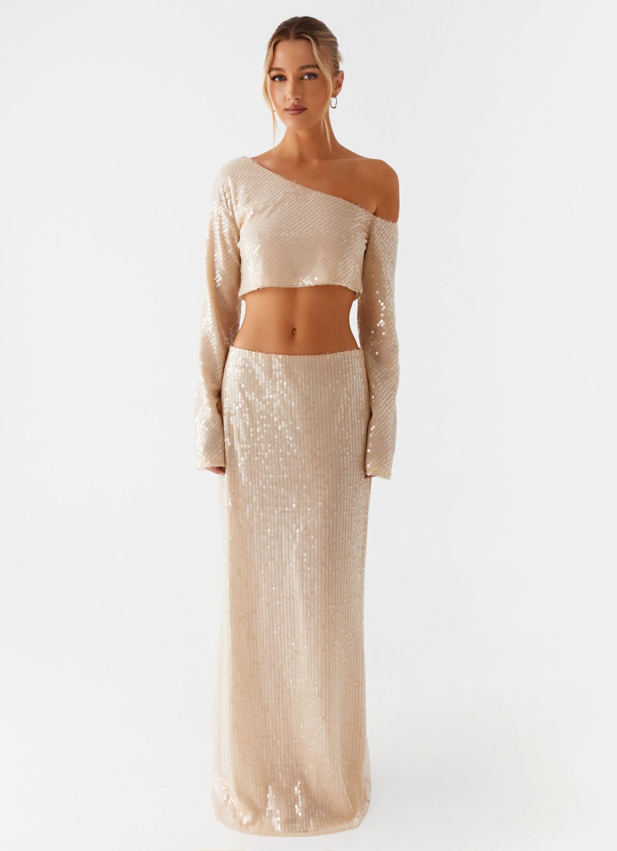 Soft Design Wisteria Low Rise Sequin Maxi Skirt - Champagne