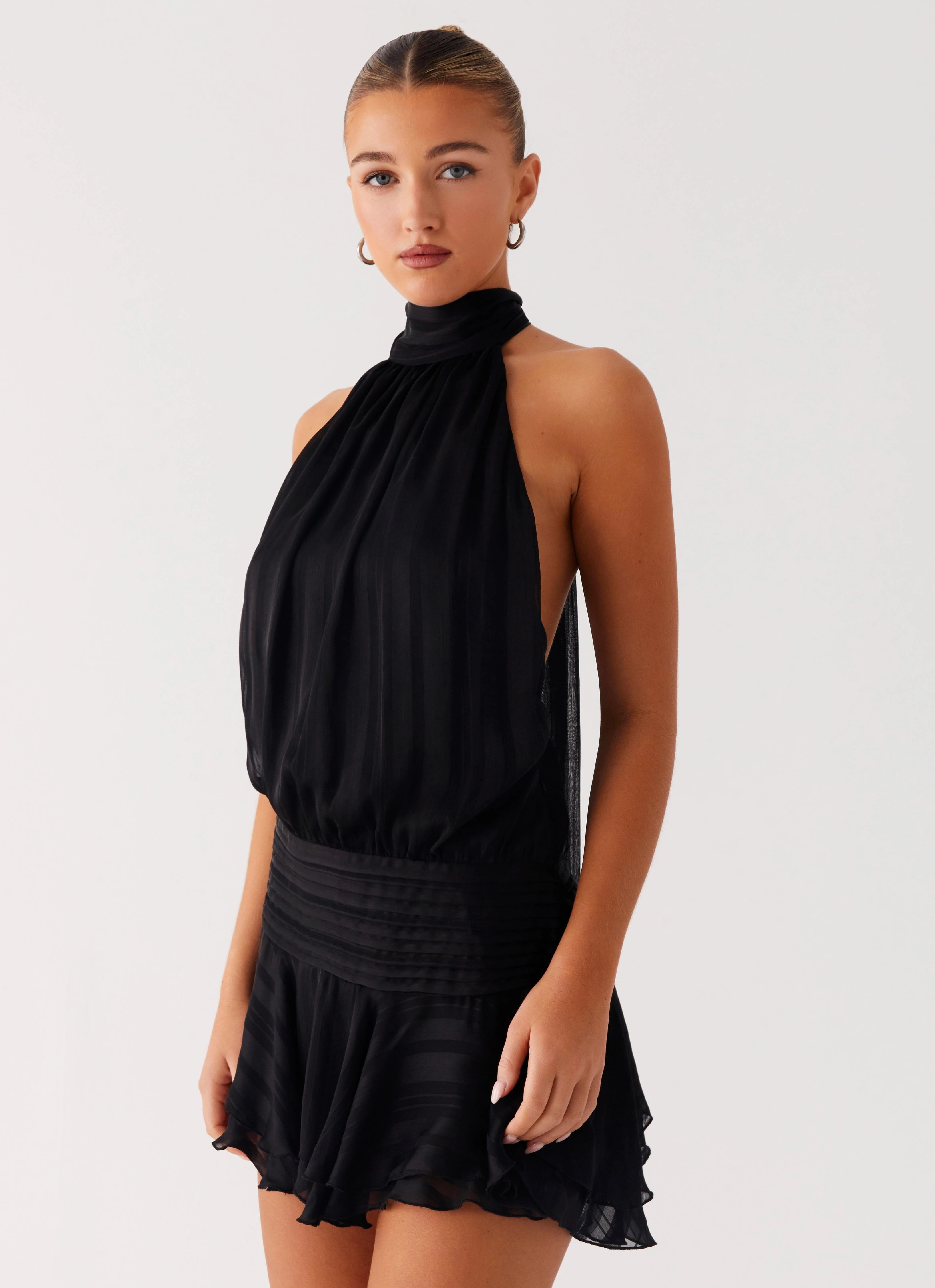 Smooth Curve Willow Chiffon Mini Dress - Black Floral Pattern