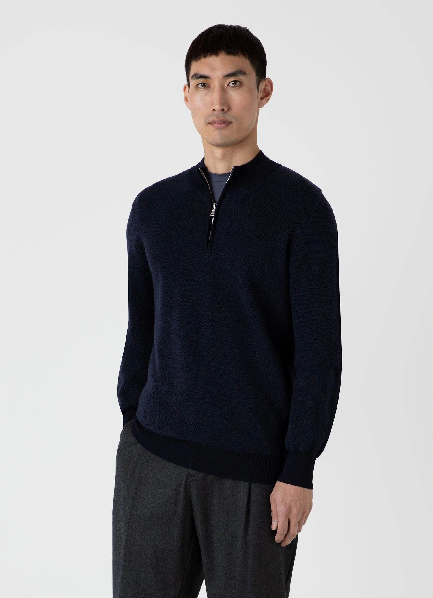 Knit Density Options Men's Merino Honeycomb Zip Neck Jumper in Light Navy
