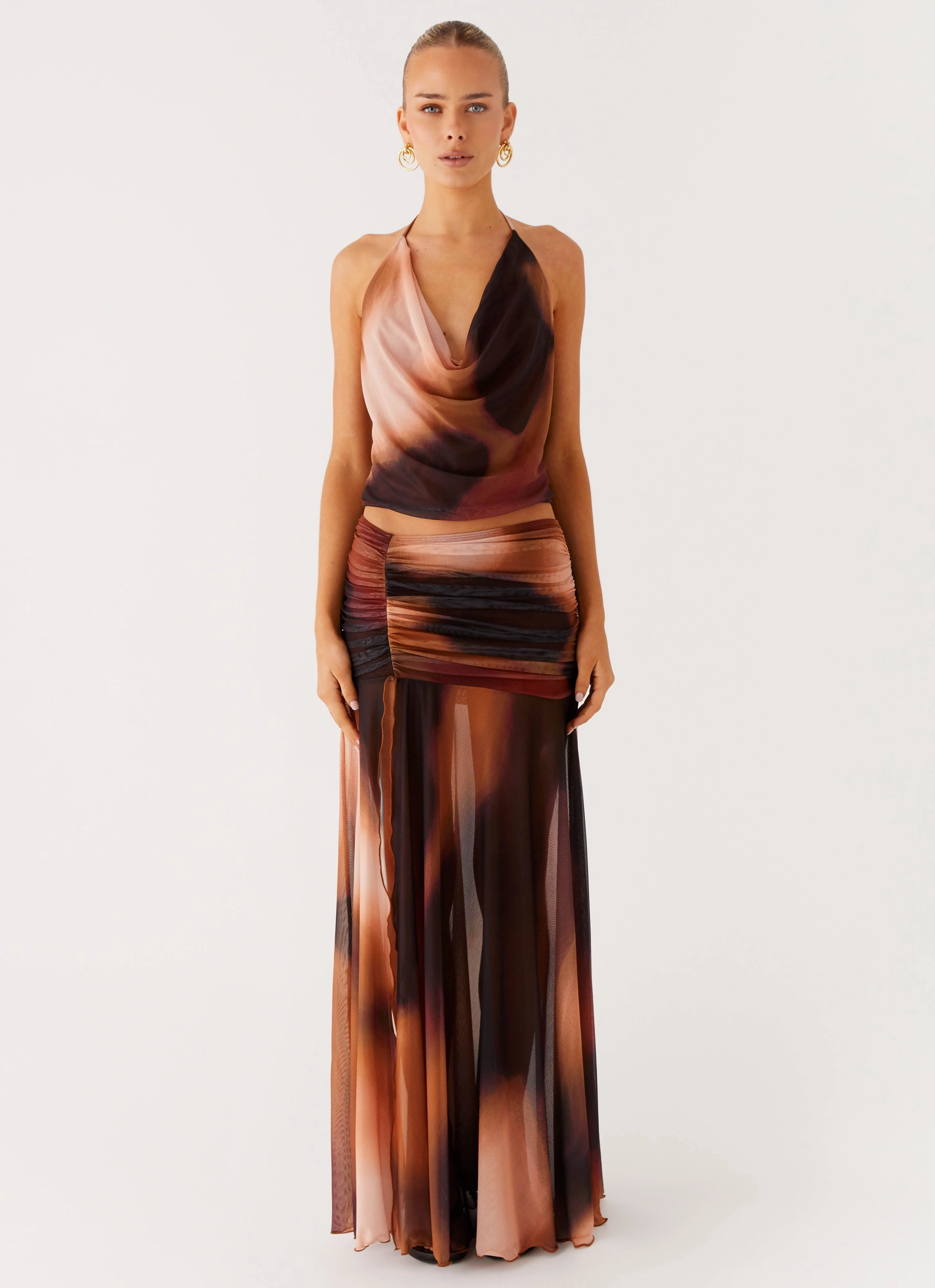 Subtle Shimmer Draped Silhouette Stargazer Mesh Maxi Skirt - Black Gradient