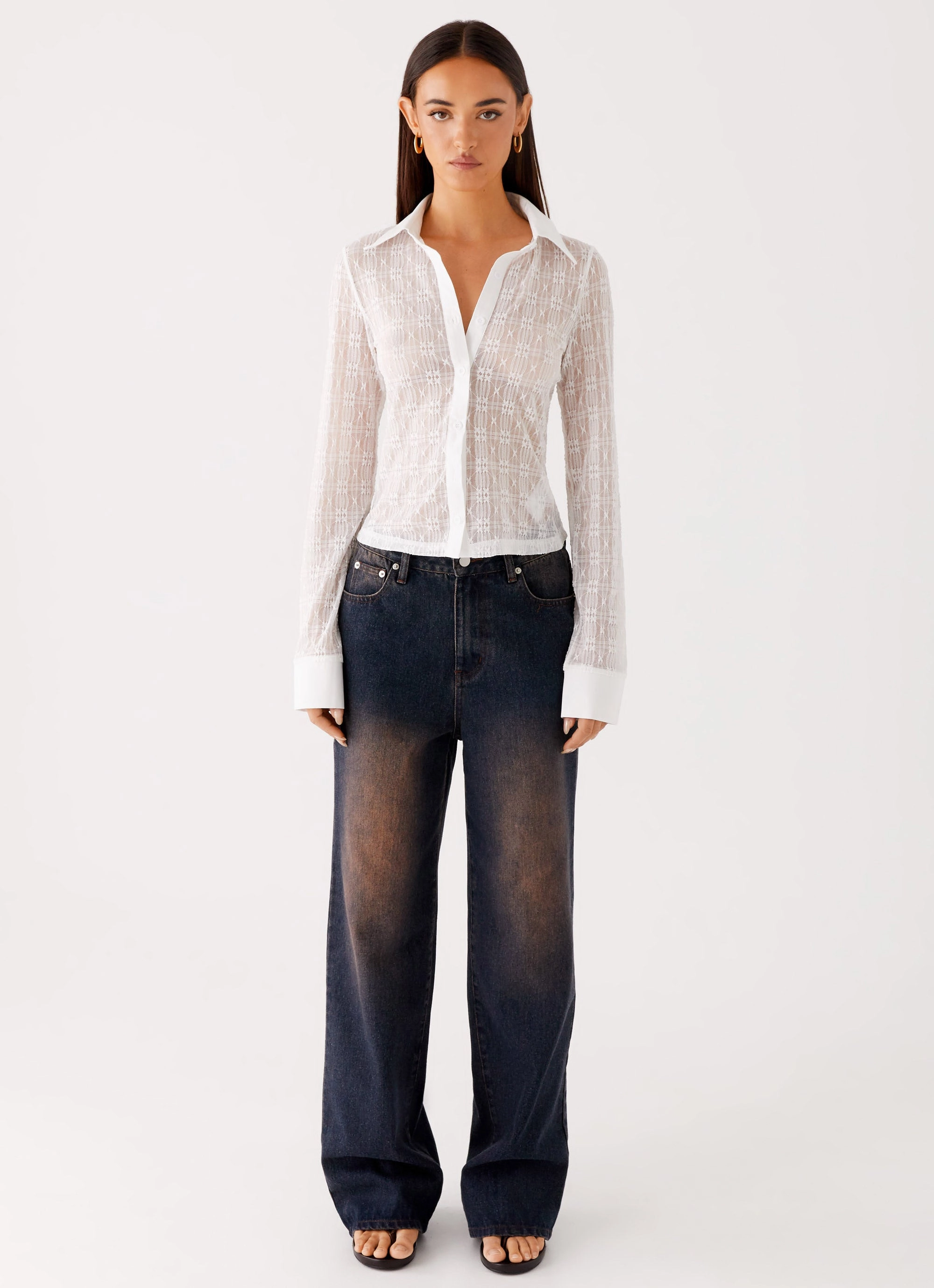 Wrinkle resistant fabric Modern Polo Loui Lace Long Sleeve Top - White