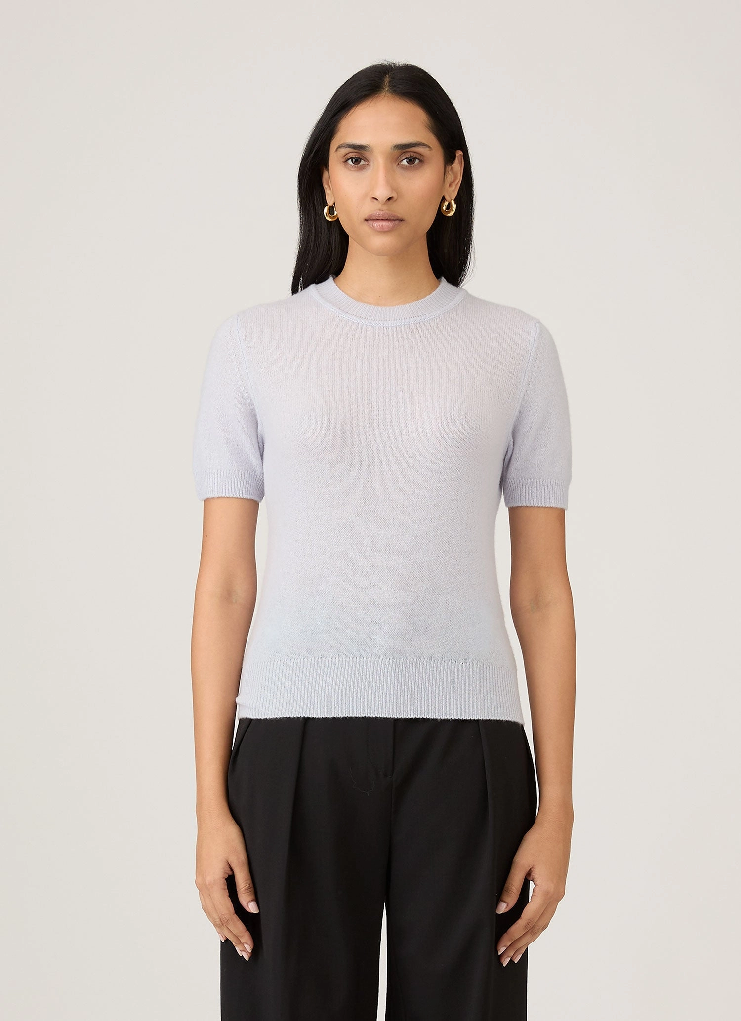 WideRibbed Texture Smart Pick Women's Cashmere T-Shirt in Ice Blue