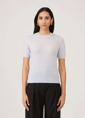WideRibbed Texture Smart Pick Women's Cashmere T-Shirt in Ice Blue