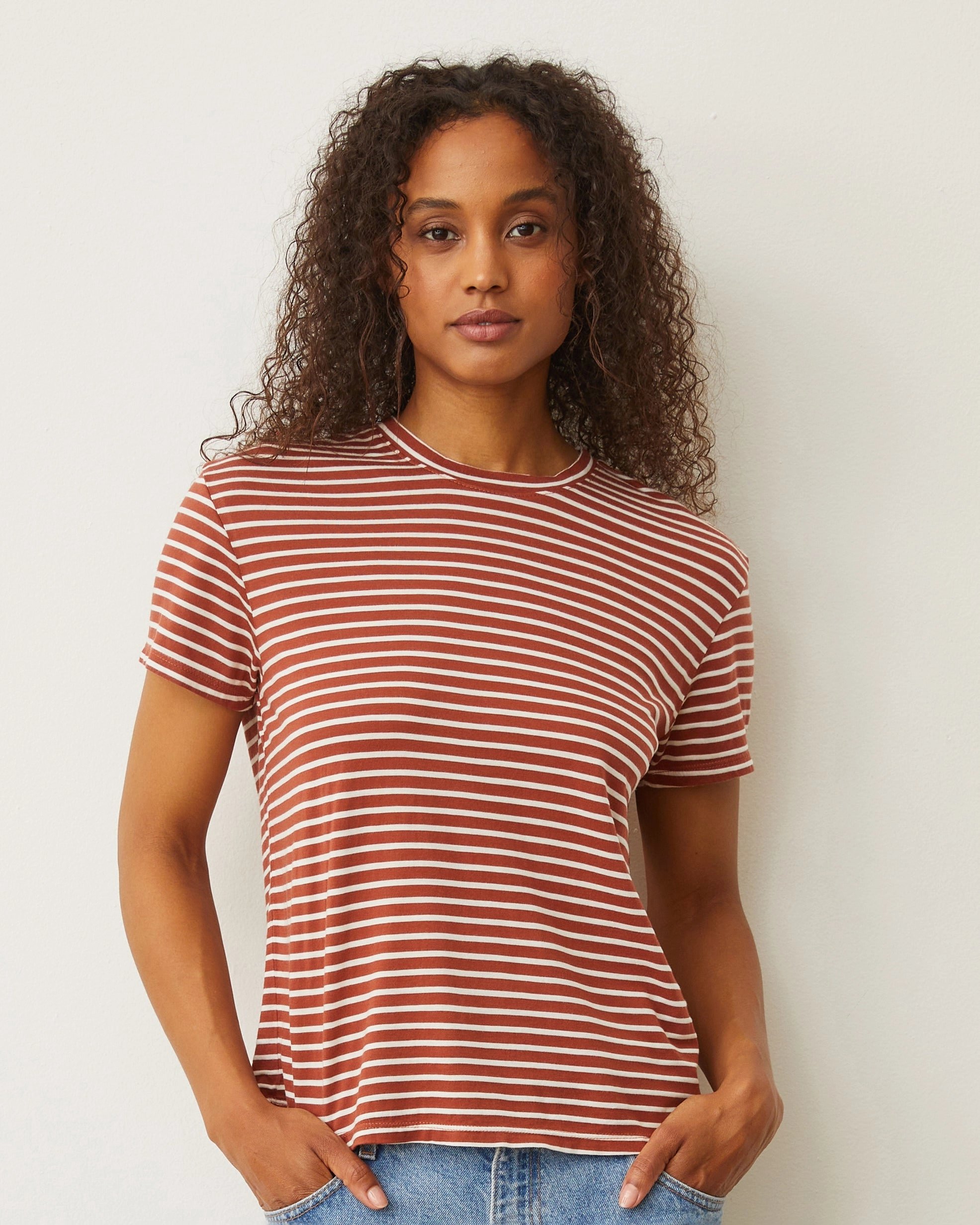 Stripe Basic Crew Neck Tee Abrasion Resistant Fabric