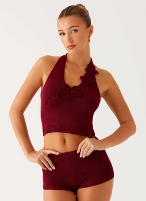 Snag Resistant Knit Miffy Crochet Top - Maroon Miffy Crochet Top - Maroon warm weather Coastal Vacation