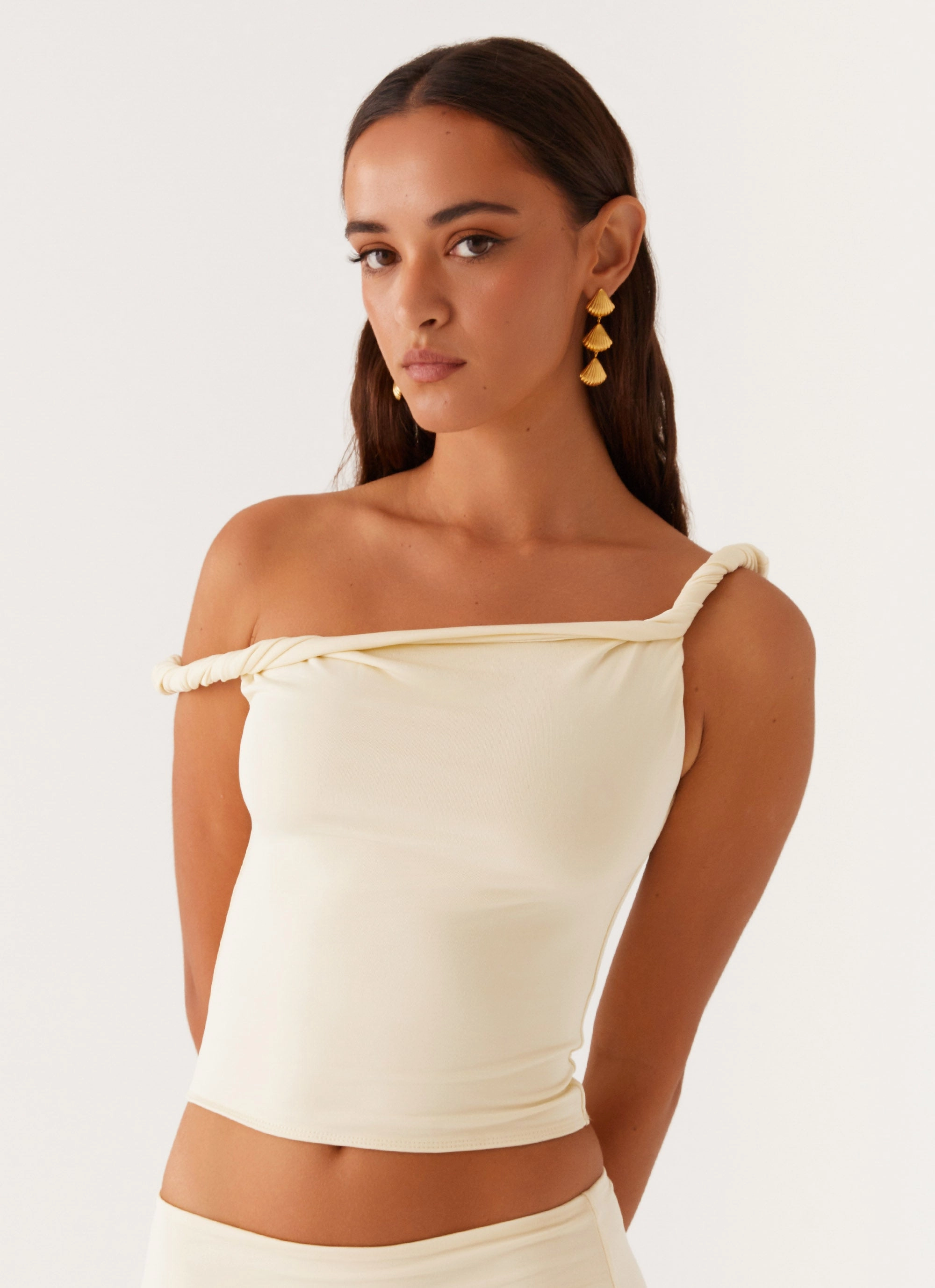 Soft Brushed Interior Solace Soul Twist Shoulder Top - Yellow
