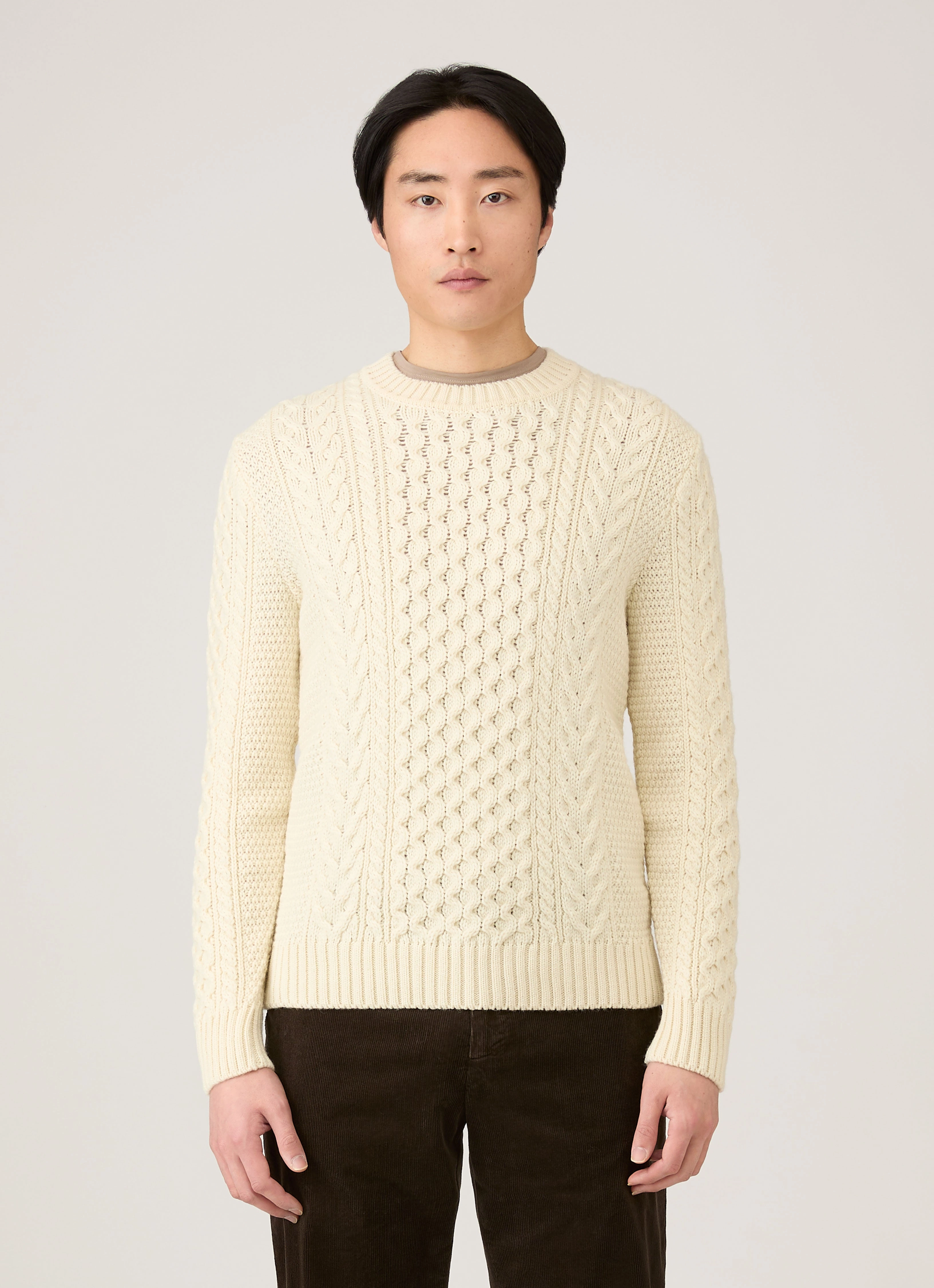 Men's Cable Knit Jumper in Ecru AntiStatic Coating Compression Fit Technology