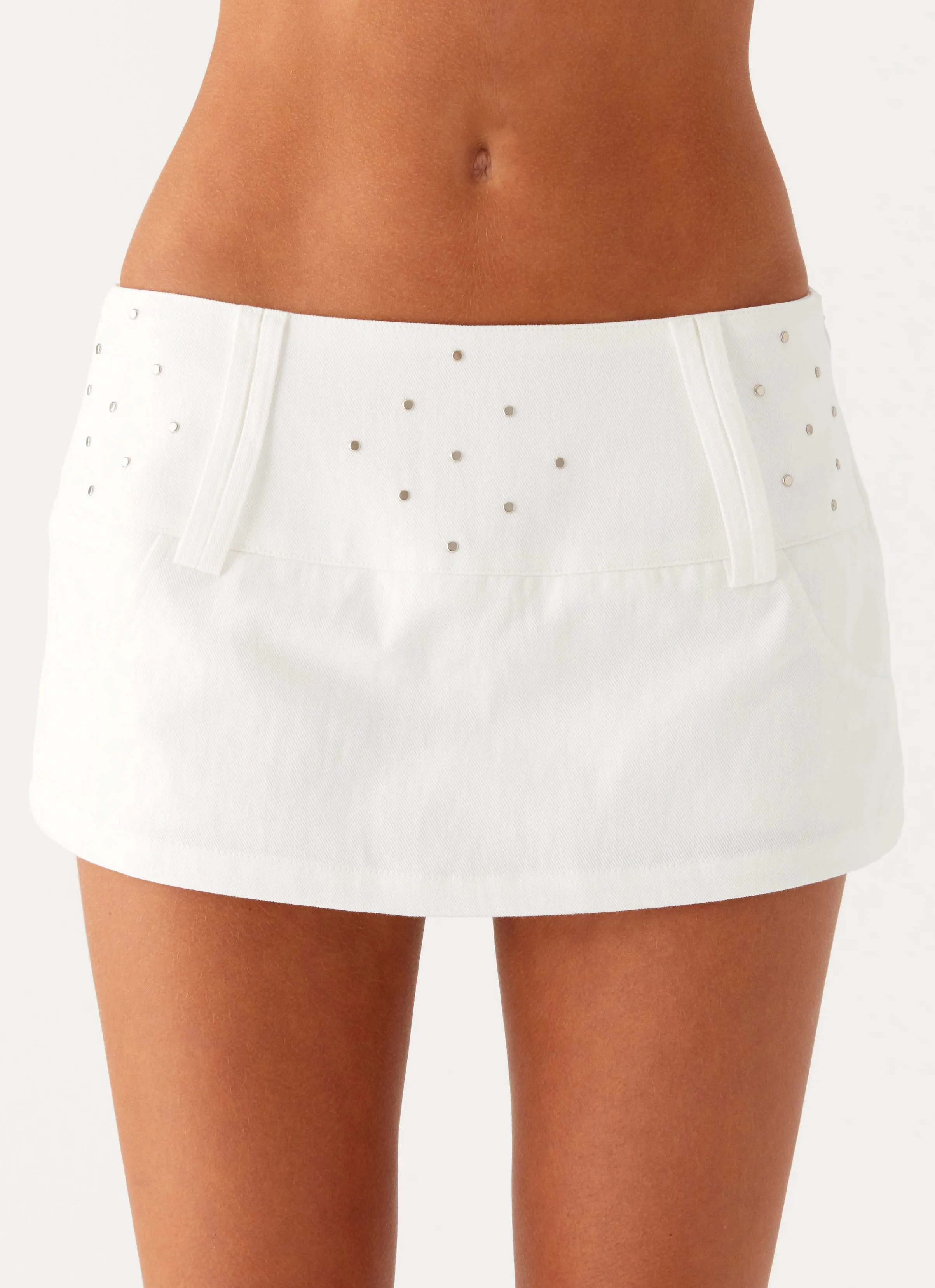 No Ride Up Design Layered Panel Design Hot Shot Studded Denim Mini Skort - White