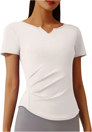 Soft Workout Tops for Women Short Sleeve Sun Shirt V Notch Slim Fitted Athletic Yoga Shirts Quick Dry Gym Running Top
