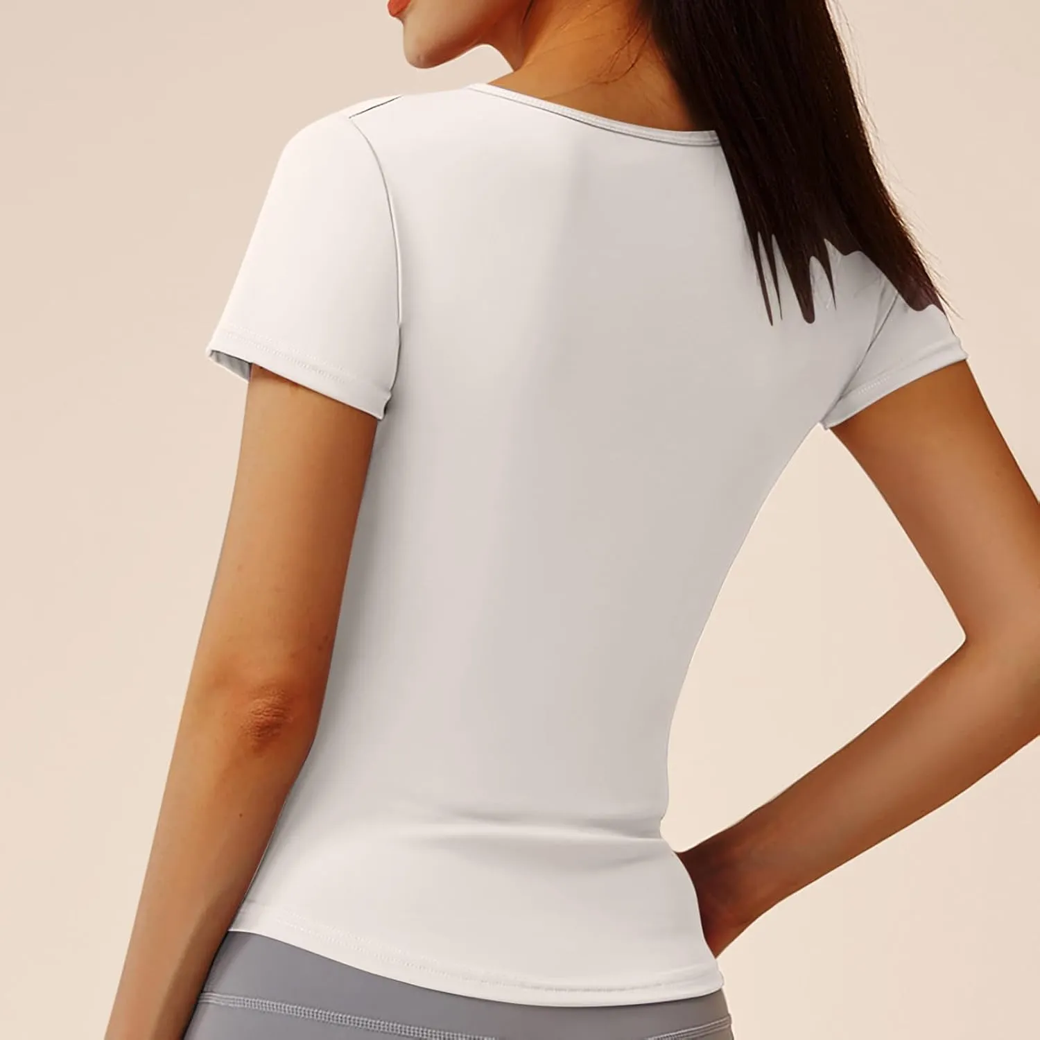 Soft Workout Tops for Women Short Sleeve Sun Shirt V Notch Slim Fitted Athletic Yoga Shirts Quick Dry Gym Running Top