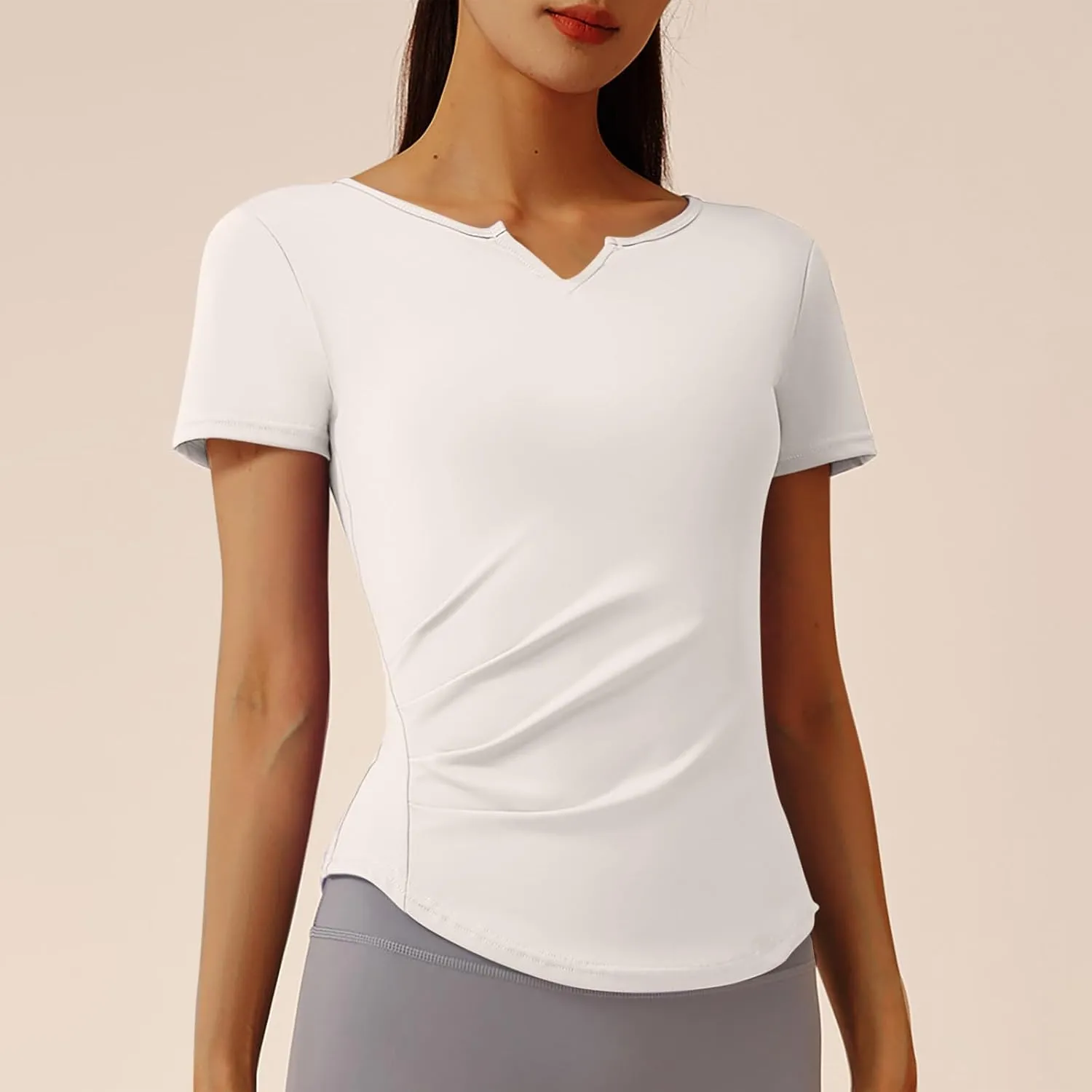 Soft Workout Tops for Women Short Sleeve Sun Shirt V Notch Slim Fitted Athletic Yoga Shirts Quick Dry Gym Running Top