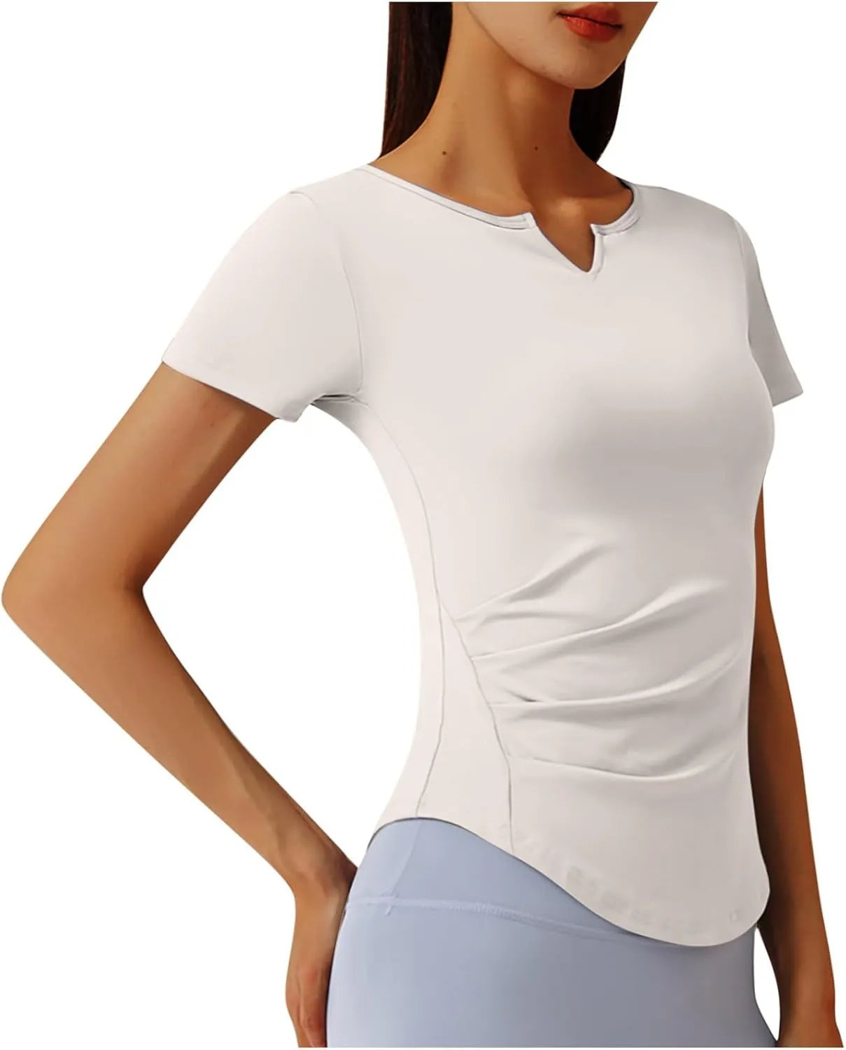 Soft Workout Tops for Women Short Sleeve Sun Shirt V Notch Slim Fitted Athletic Yoga Shirts Quick Dry Gym Running Top