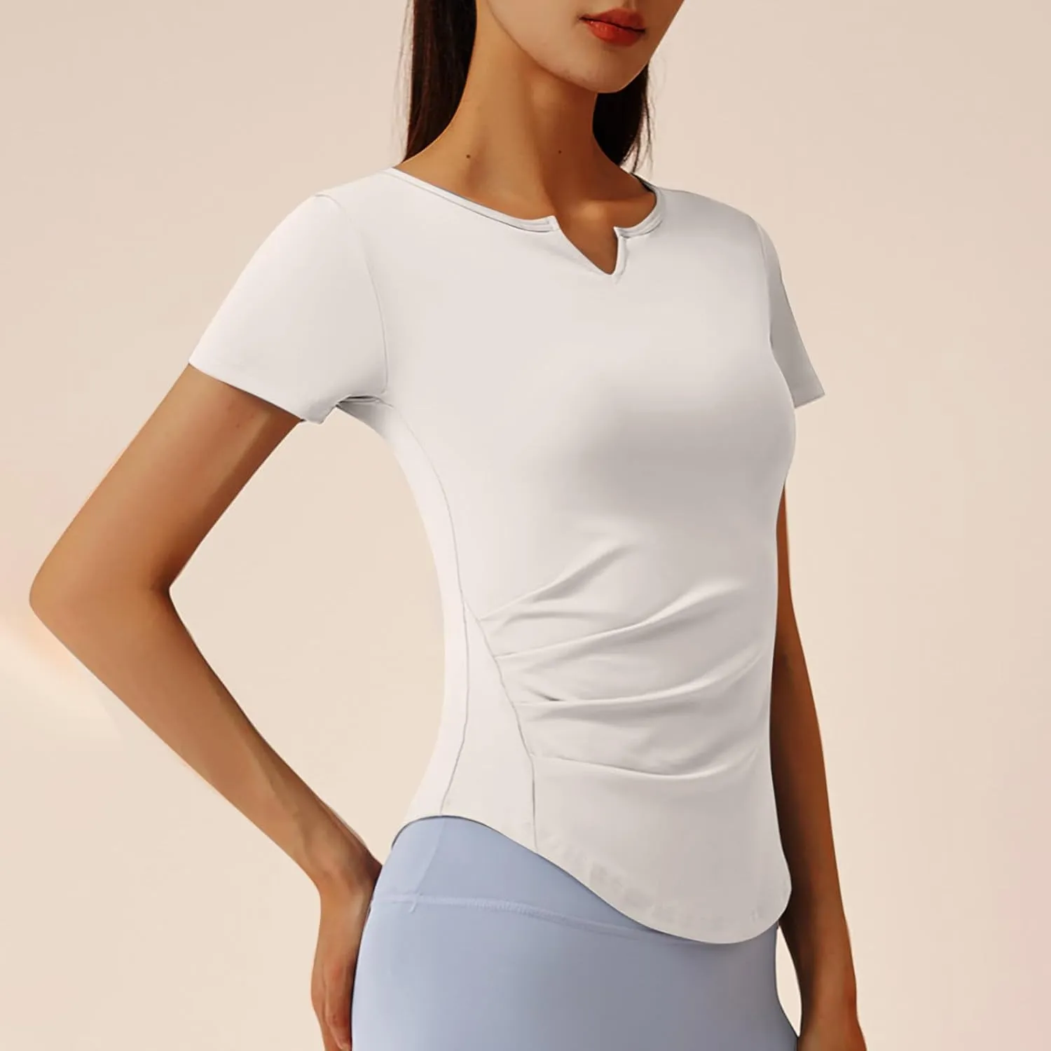 Soft Workout Tops for Women Short Sleeve Sun Shirt V Notch Slim Fitted Athletic Yoga Shirts Quick Dry Gym Running Top