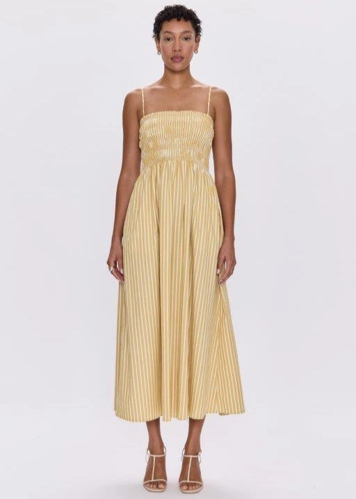 Soft Core Wide Leg Silhouette Pistola Bianca Shirred Bodice Dress Beach Sand Stripe