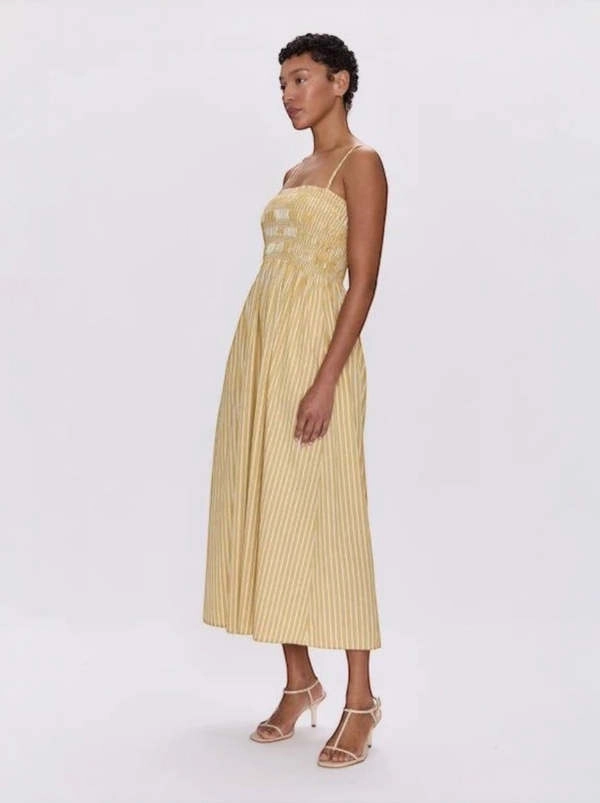 Year Rounder Pistola Bianca Shirred Bodice Dress Beach Sand Stripe