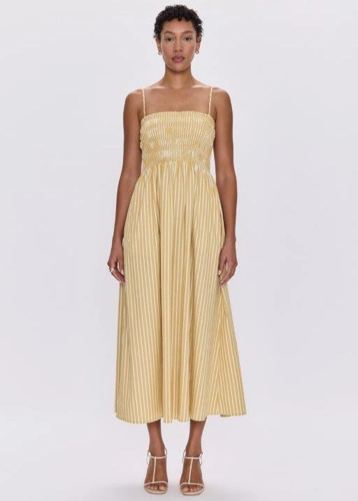 Pistola Bianca Shirred Bodice Dress Beach Sand Stripe Zip Fly Closure Multi Purpose Pockets