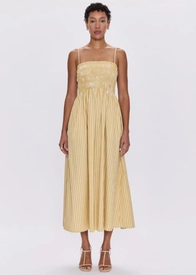 Soft Craft Pistola Bianca Shirred Bodice Dress Beach Sand Stripe Pistola Bianca Shirred Bodice Dress Beach Sand Stripe Zip Fly Closure Multi Purpose Pockets