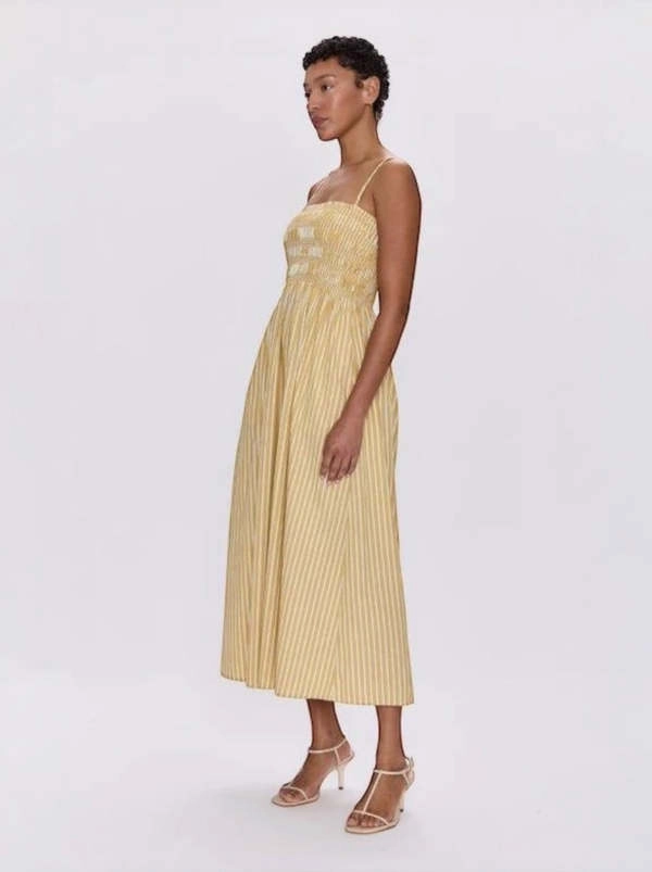 Clean Base Pistola Bianca Shirred Bodice Dress Beach Sand Stripe