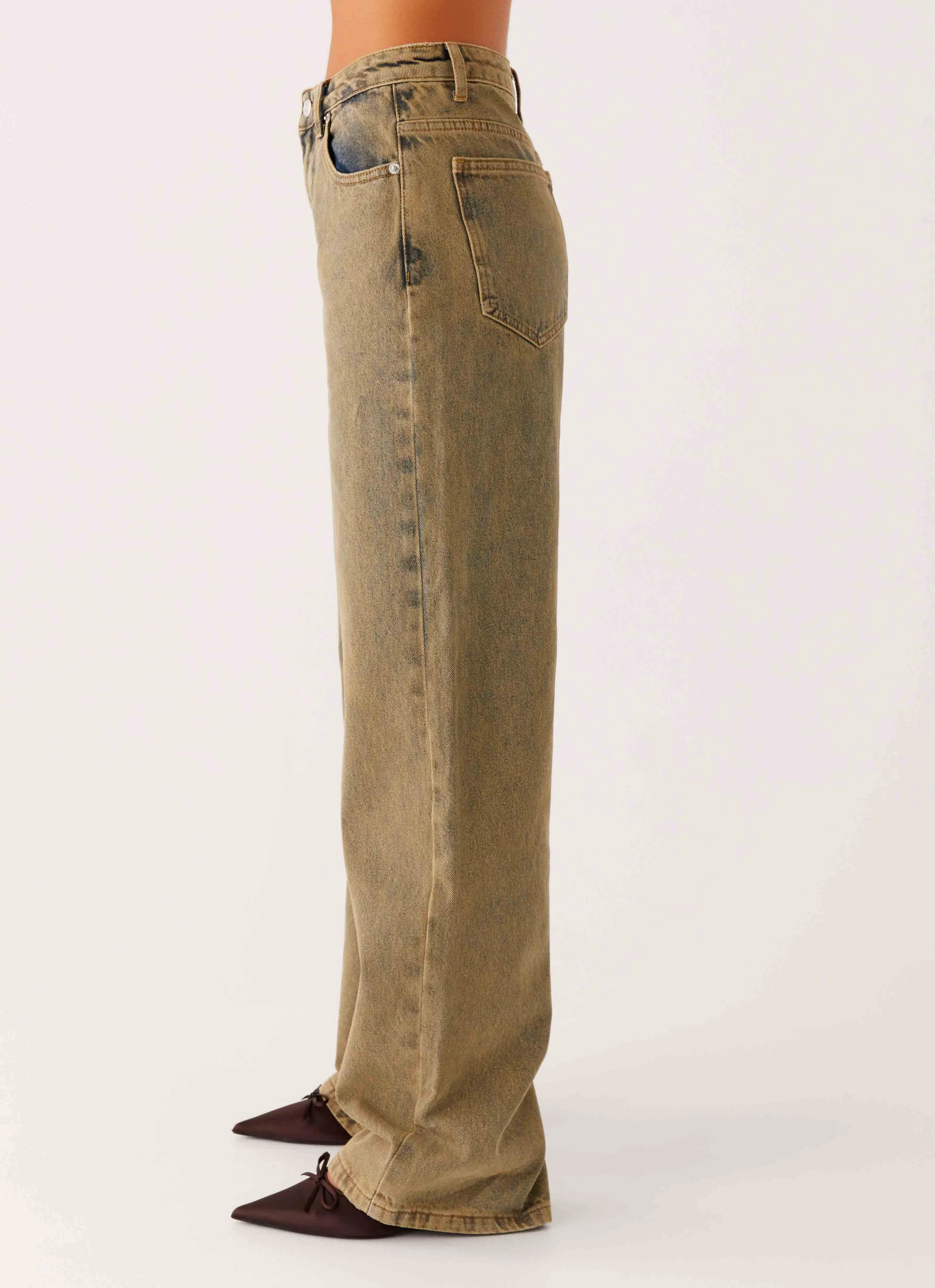 Back Again Straight Leg Denim Jeans - Brown Sand Wash Cozy Lining Sporty Appeal