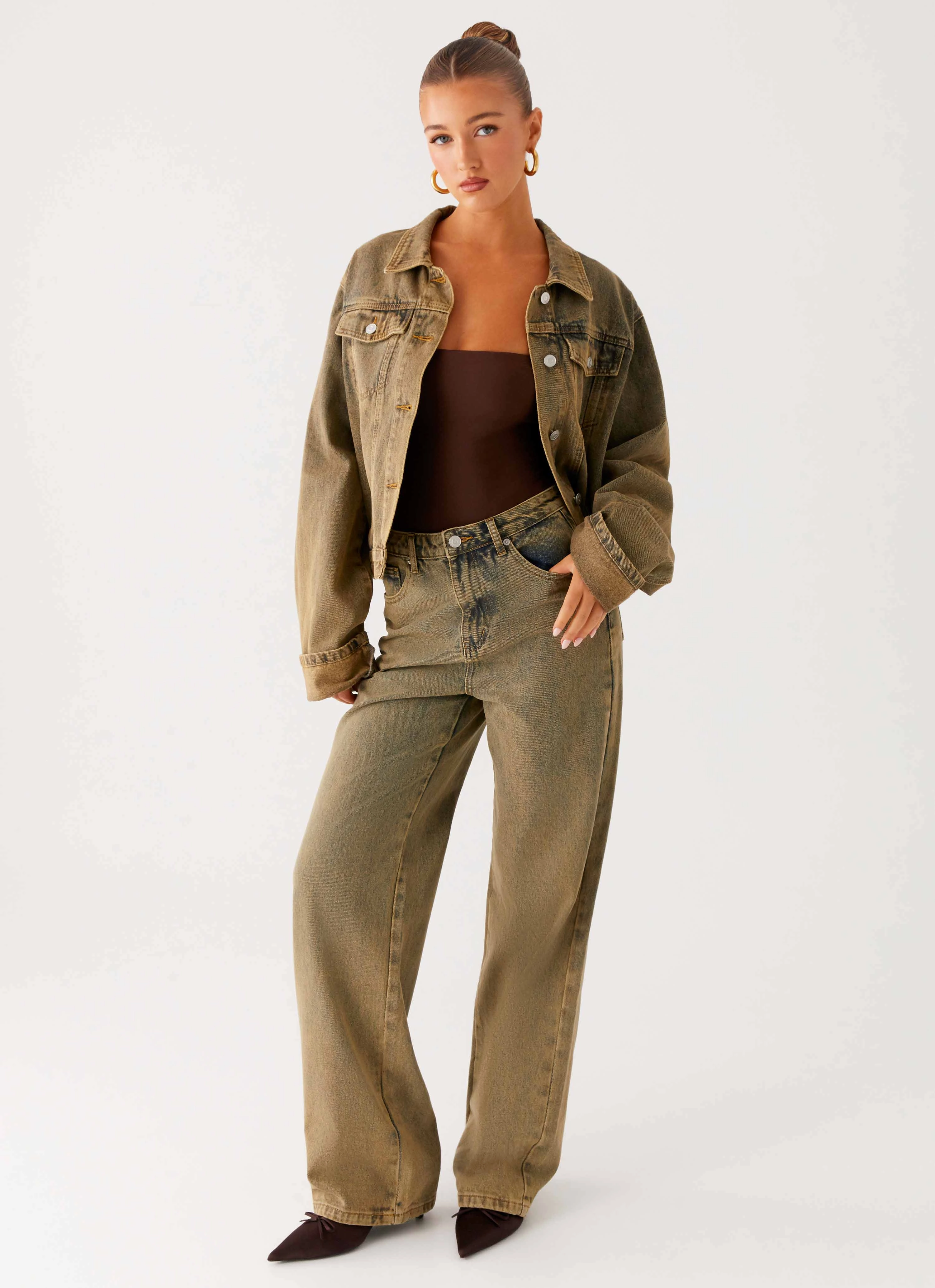 Back Again Straight Leg Denim Jeans - Brown Sand Wash Versatile staple Chic Design Wear