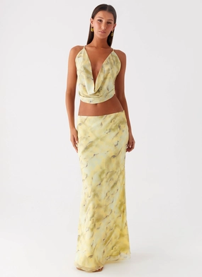 Soft Draping Kylo Low Rise Maxi Skirt - Yellow Tie Dye Organic Cotton Kylo Low Rise Maxi Skirt - Yellow Tie Dye
