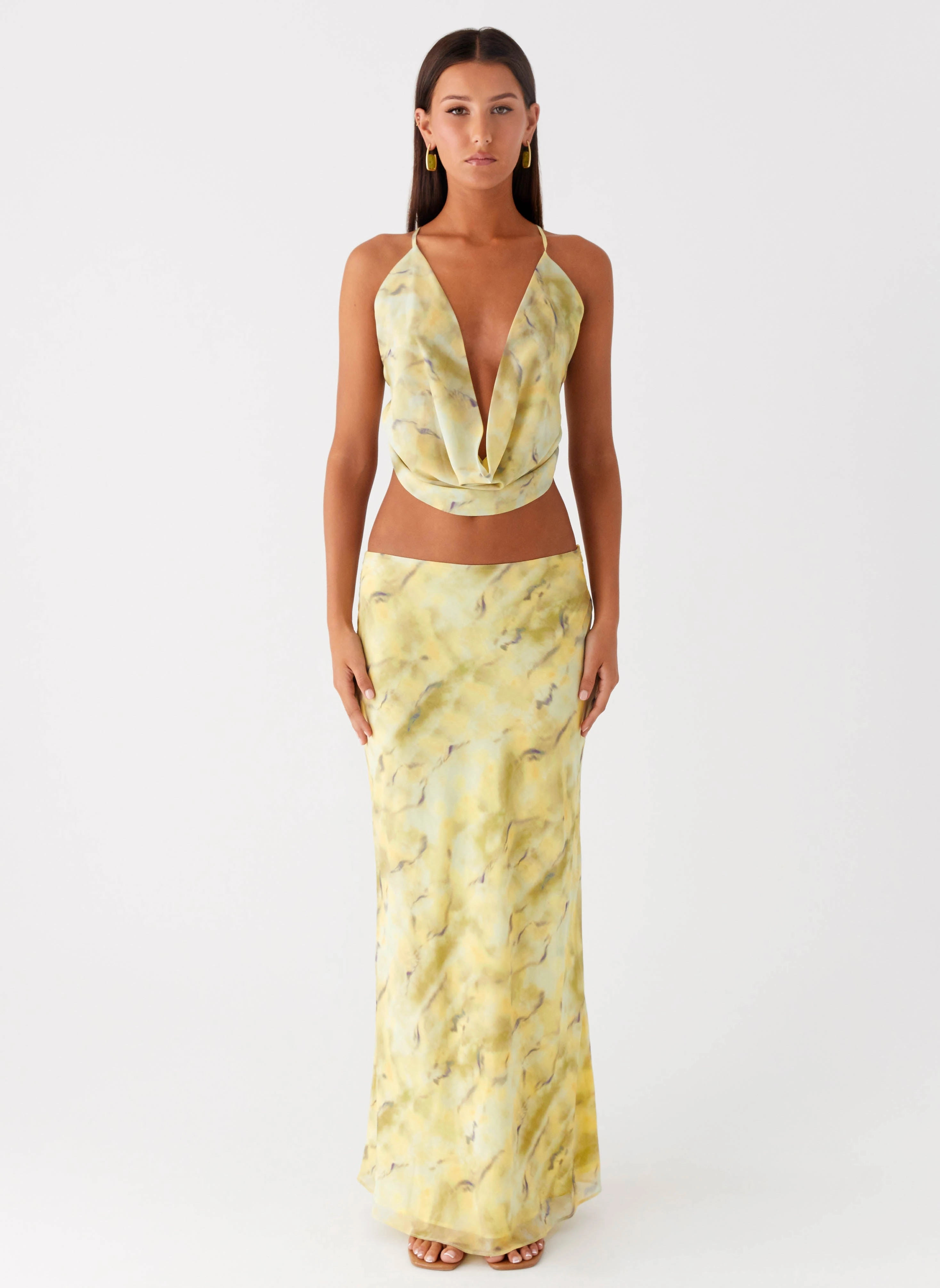 Wrinkle Resistant Kylo Low Rise Maxi Skirt - Yellow Tie Dye