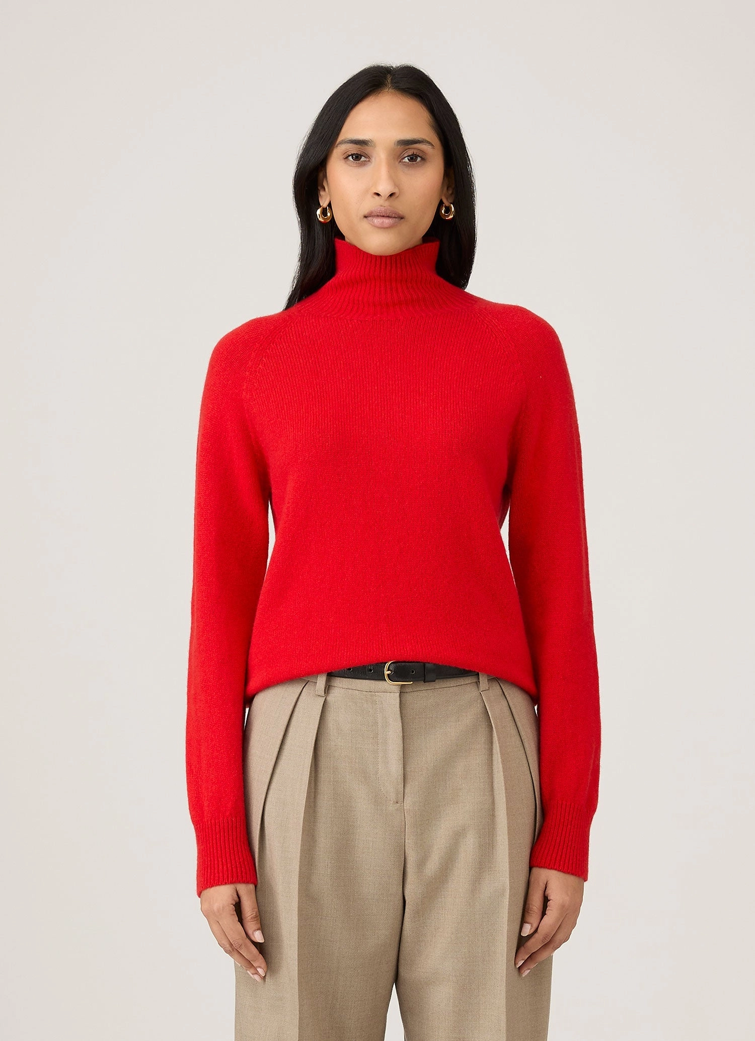 Women's Lambswool Funnel Neck Jumper in Bright Red Lattice Ventilation Weave FourWay Stretch