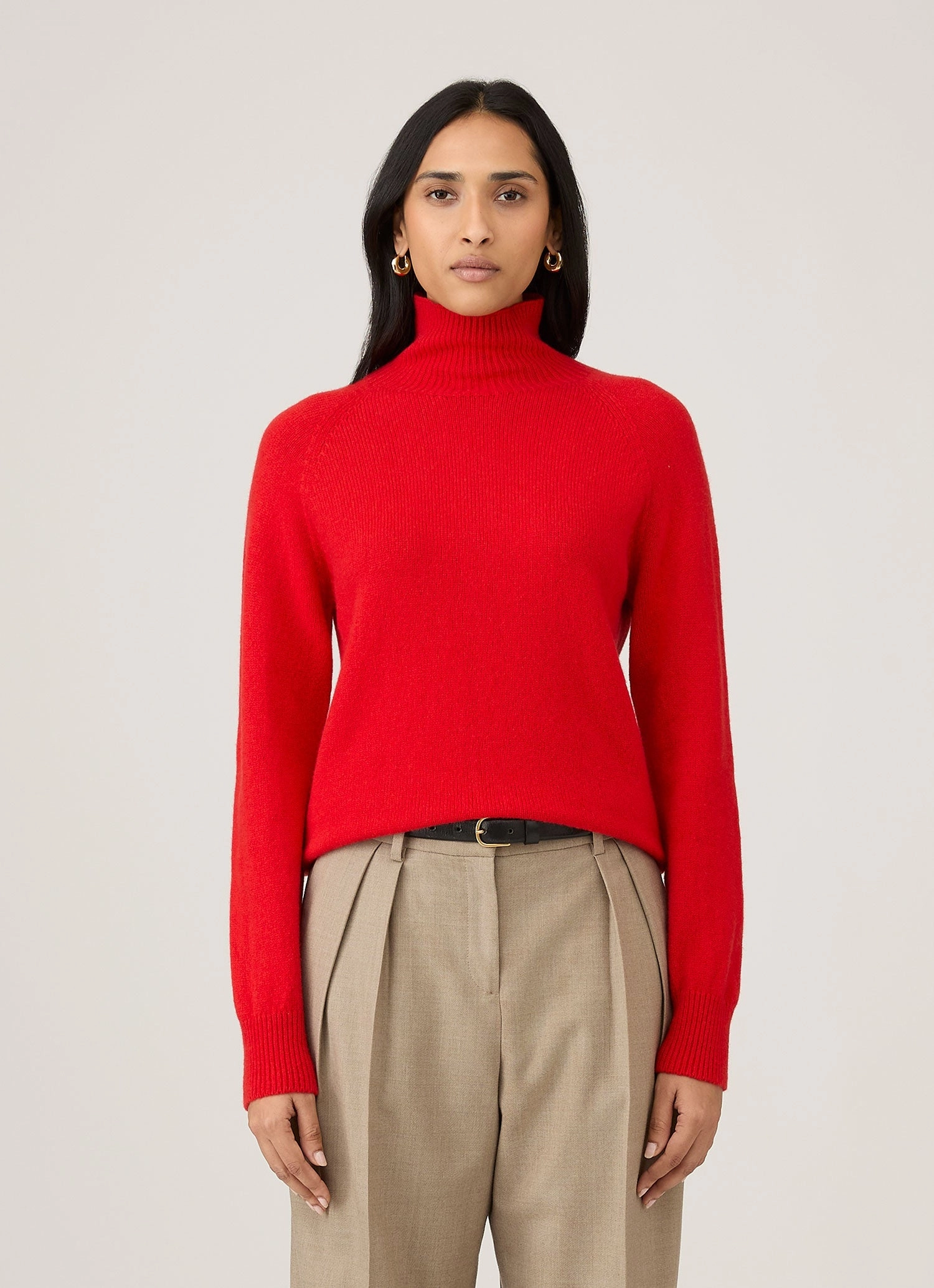 Recycled Fiber Low Impact Dye Women's Lambswool Funnel Neck Jumper in Bright Red