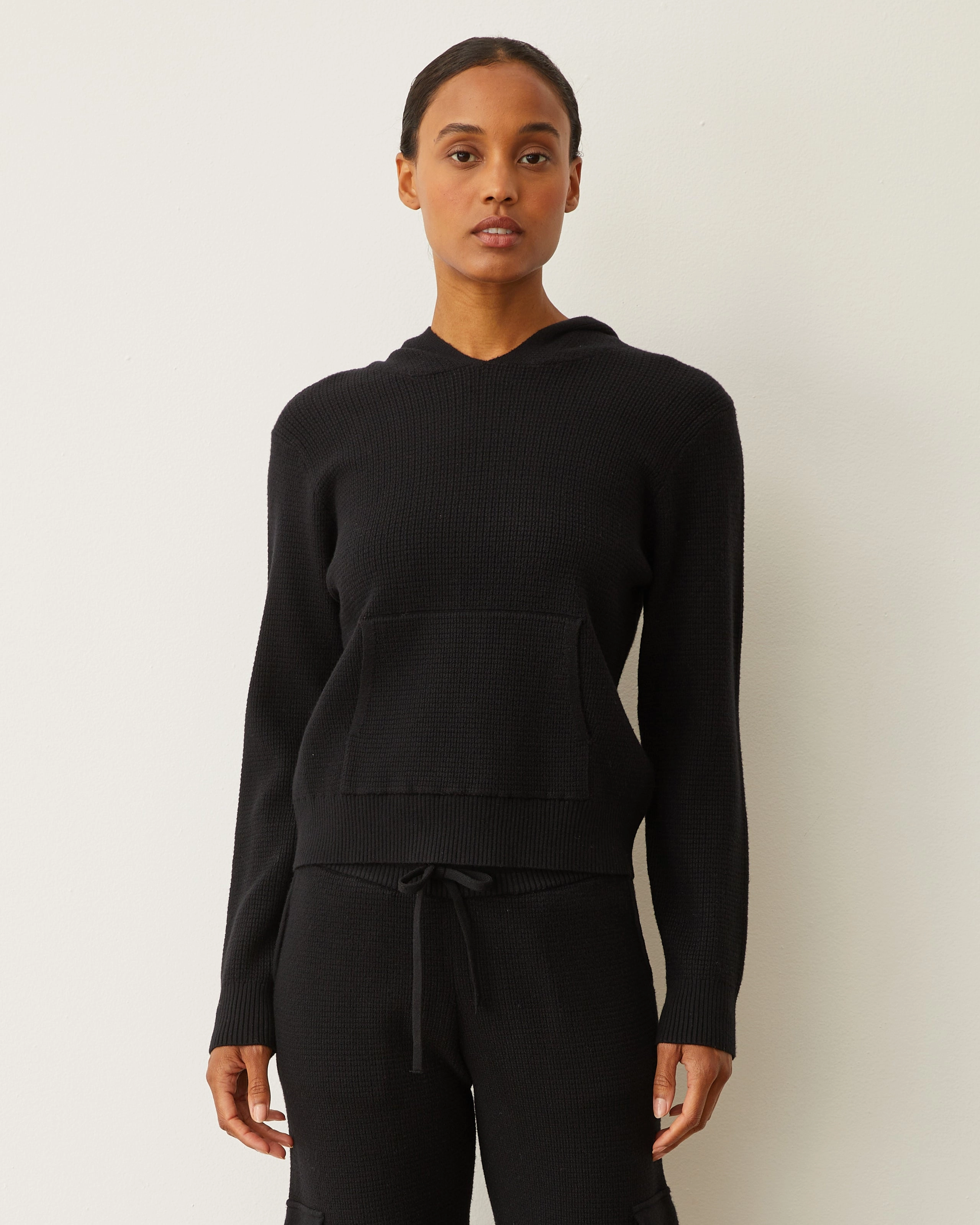 Quick Access Slit Soft Knit Waffle Kangaroo Pullover