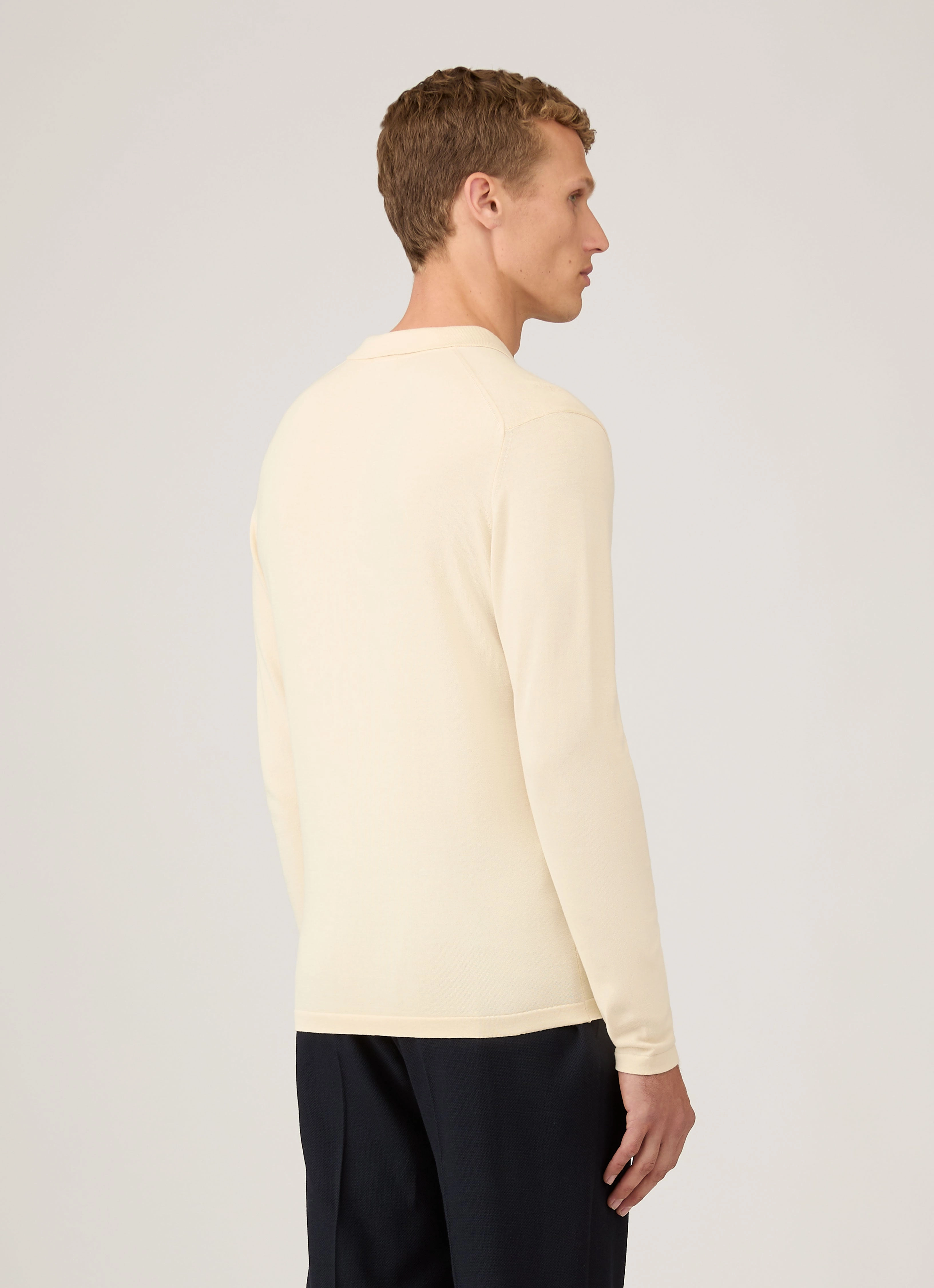 Spring Summer Collar Stay Slots Men's Long Sleeve Sea Island Cotton Knit Polo Shirt in Undyed