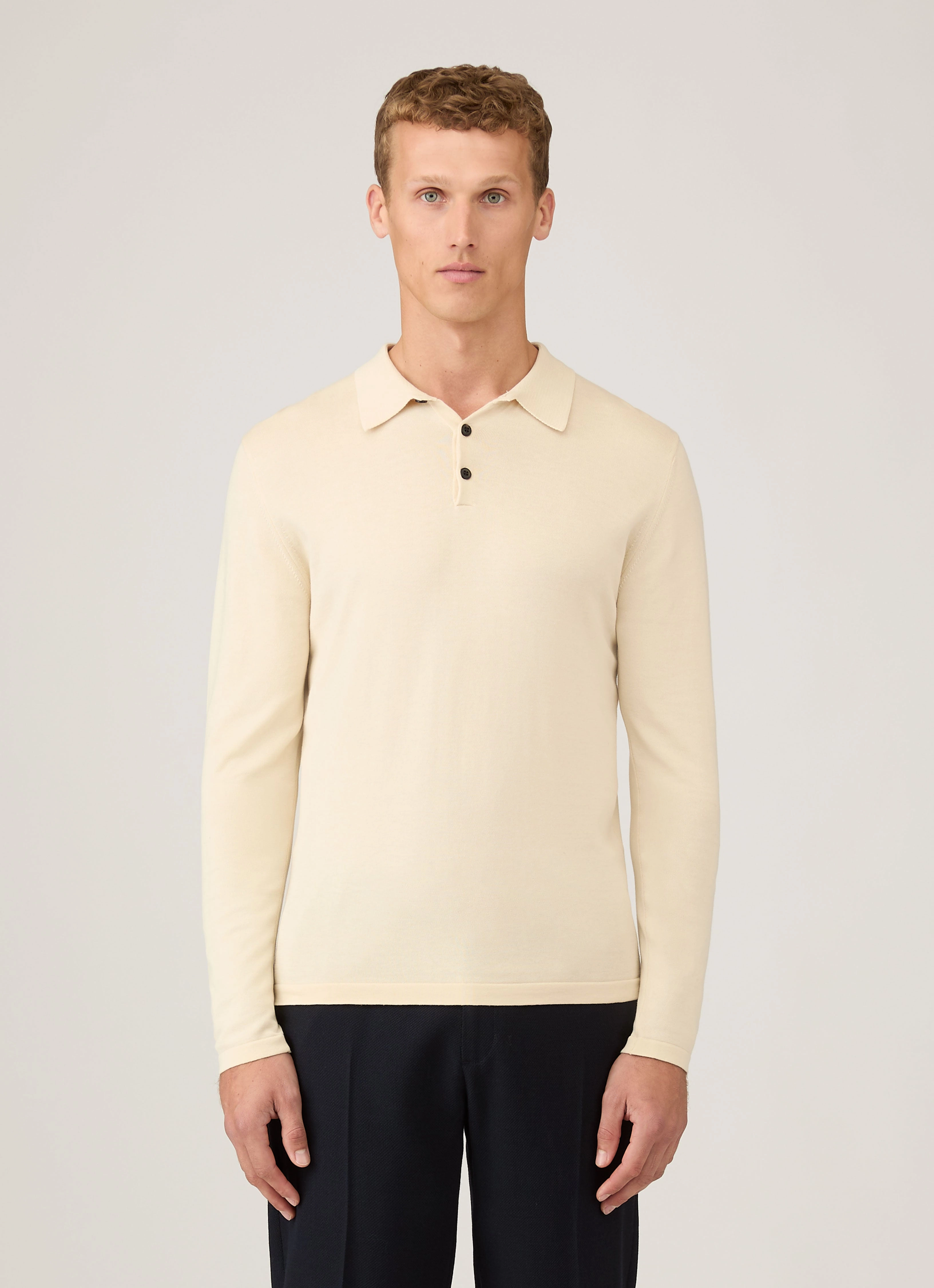 Breathable Top Tailored Silhouette Men's Long Sleeve Sea Island Cotton Knit Polo Shirt in Undyed