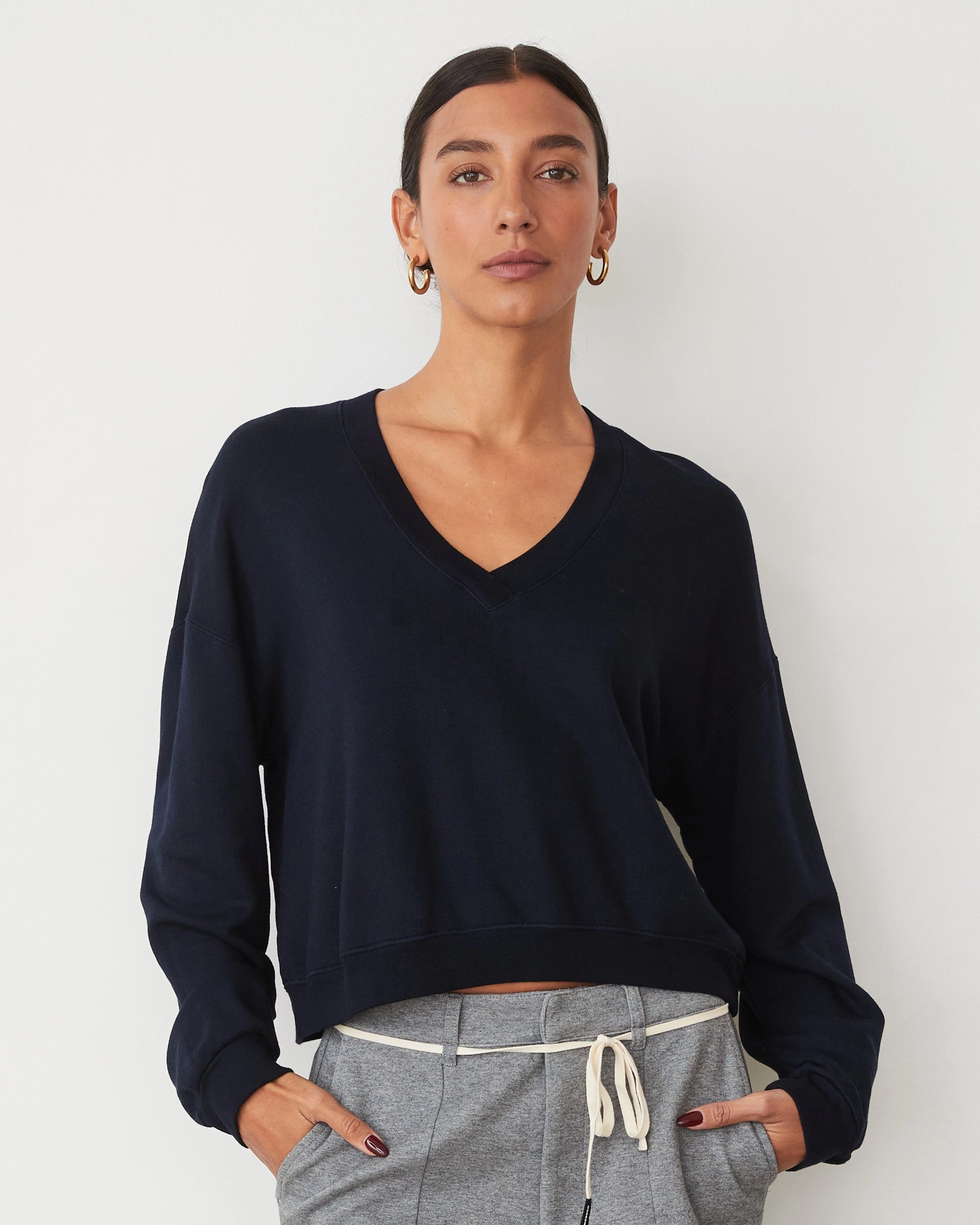 BrushedInnerLining RibbedTexture Softfleece Crop V Neck Sweatshirt
