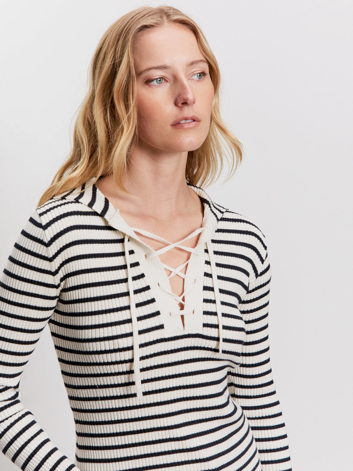 Lace Up Popover Sweater Black Macrame Stripe Lattice Ventilation Weave