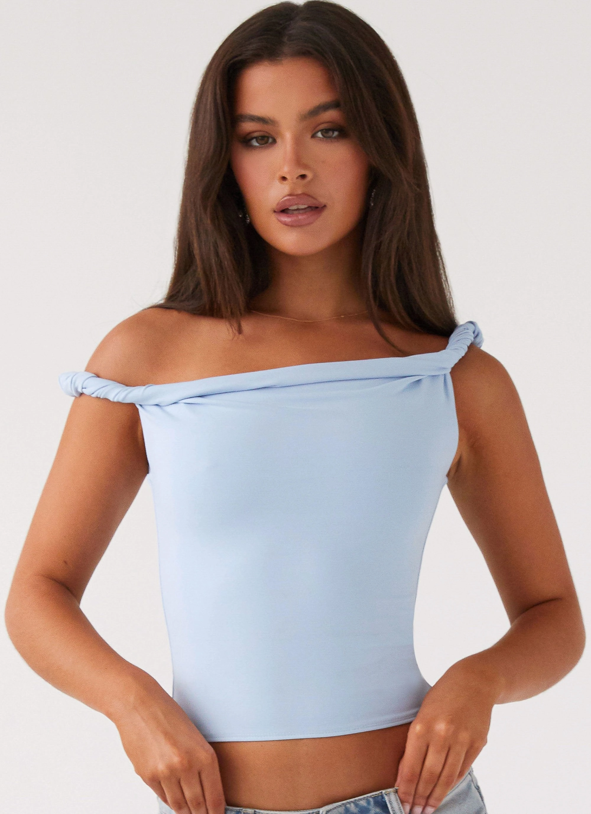 Solace Soul Twist Shoulder Top - Baby Blue Interlock Weave Cool and Breezy
