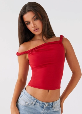 Solace Soul Twist Shoulder Top - Red FlatlockSeams Solace Soul Twist Shoulder Top - Red Resilient Elasticity YarnDyeStripe