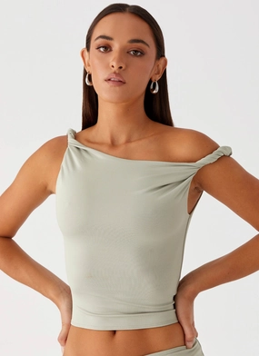 Solace Soul Twist Shoulder Top - Sage Smooth Finish Solace Soul Twist Shoulder Top - Sage RibbedCollar