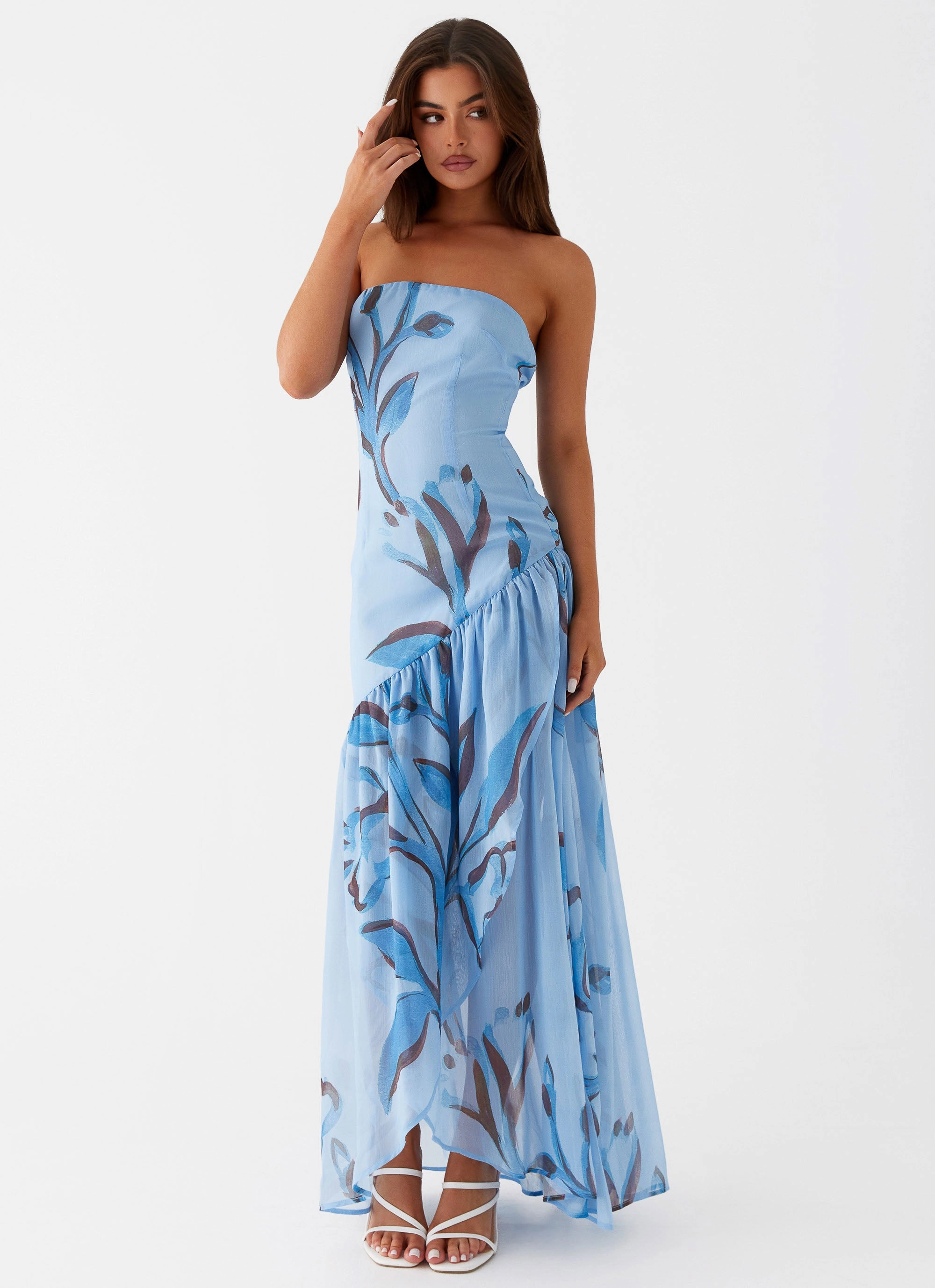 Embroidered-Sleeve Solaris Strapless Maxi Dress - Blue Floral