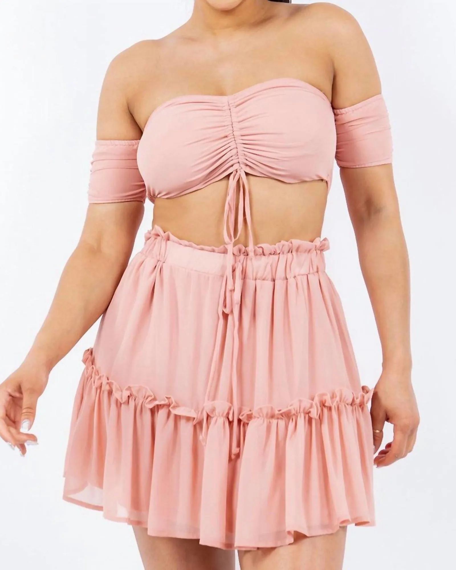 Solid Chiffon Off The Shoulder Skirt Set In Pink | Pink