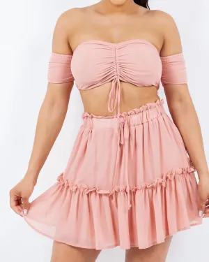 Solid Chiffon Off The Shoulder Skirt Set In Pink | Pink