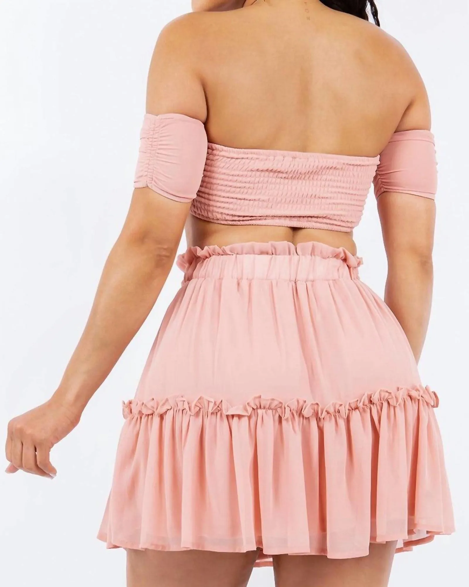 Solid Chiffon Off The Shoulder Skirt Set In Pink | Pink