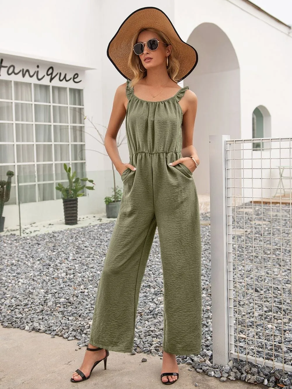 Solid Color Ruffle Strap Jumpsuit