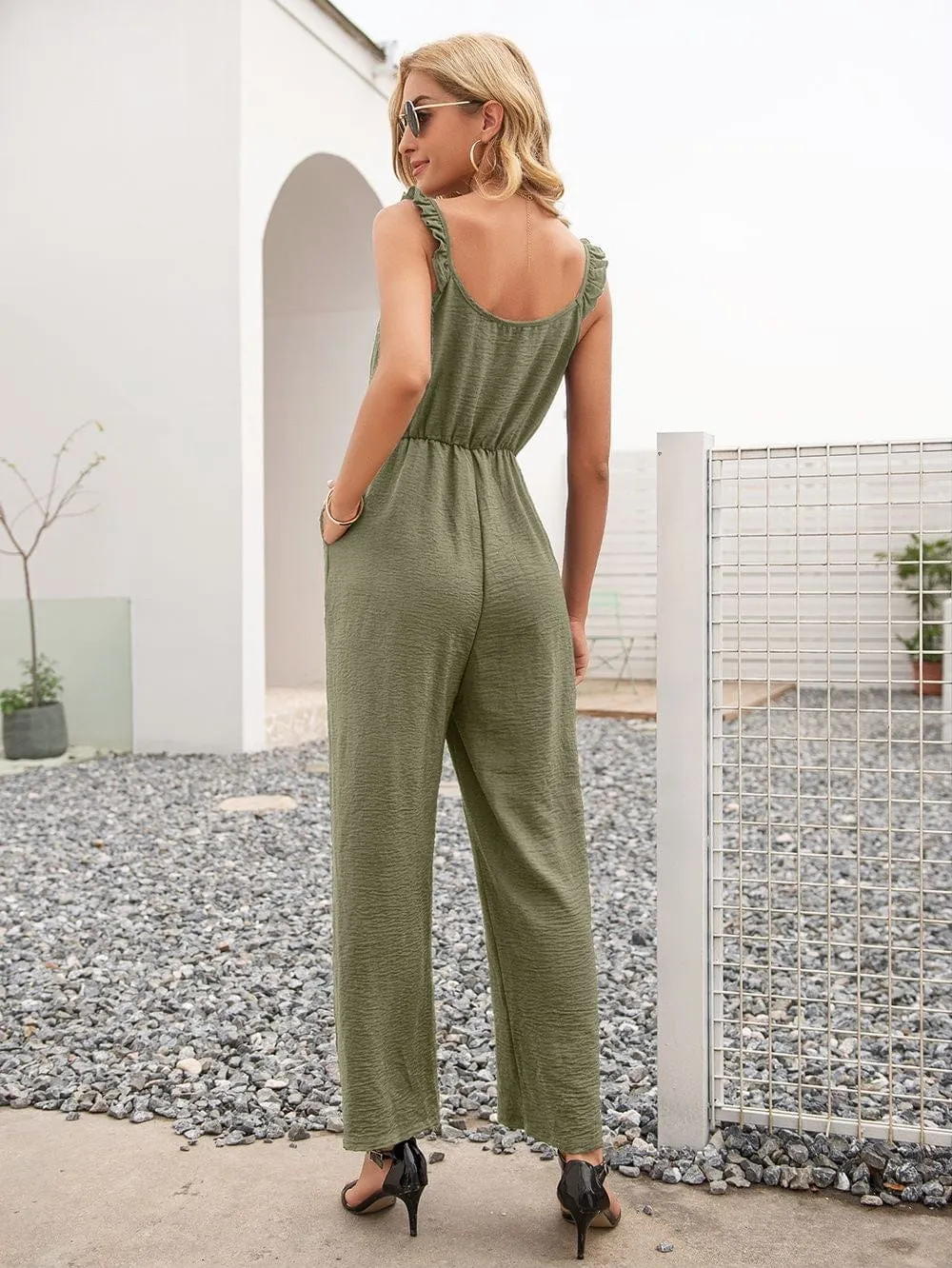 Solid Color Ruffle Strap Jumpsuit