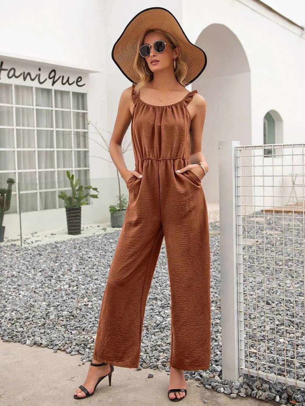 Solid Color Ruffle Strap Jumpsuit