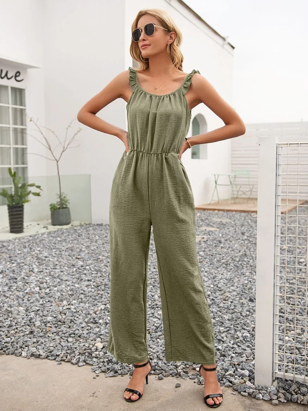 Solid Color Ruffle Strap Jumpsuit